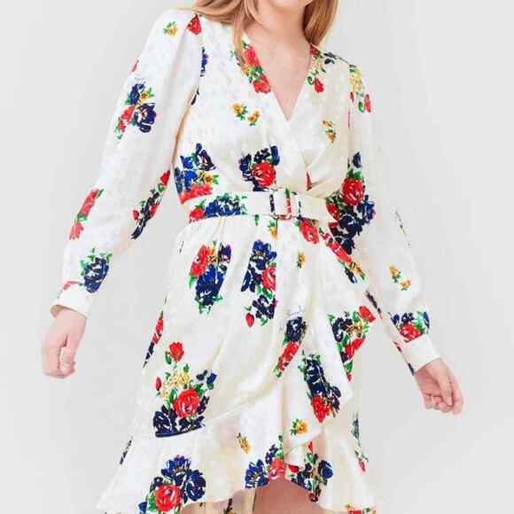 Tory Burch White Multicolor Ruffle Floral Printed Silk Wrap Dress Belted 10 NWT - Picture 8 of 8
